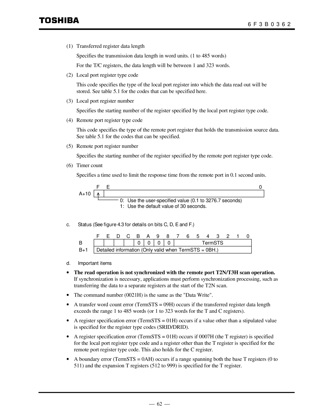 Toshiba T2N instruction manual Transferred register data length 