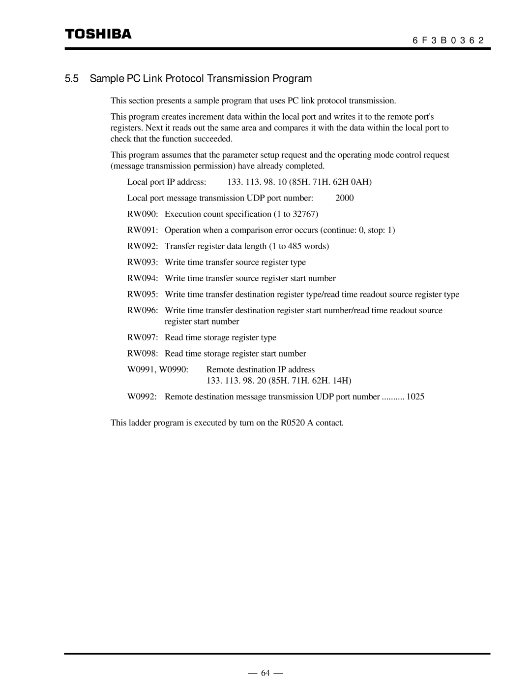 Toshiba T2N instruction manual Sample PC Link Protocol Transmission Program 