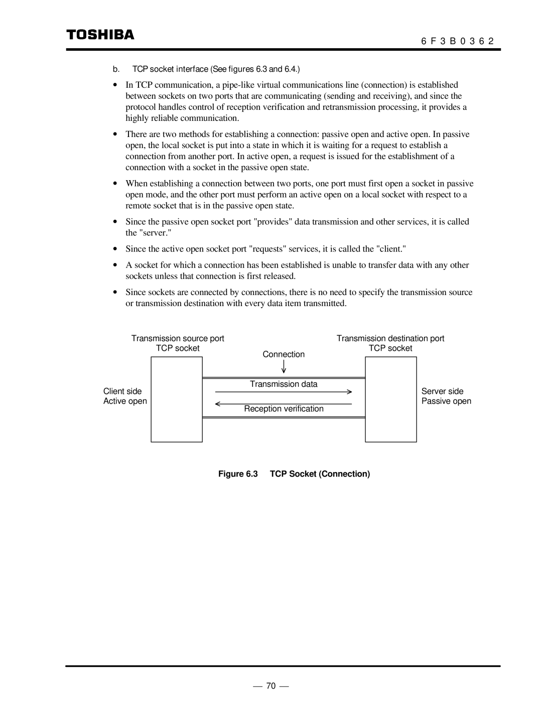 Toshiba T2N instruction manual TCP socket interface See figures 6.3, TCP Socket Connection 