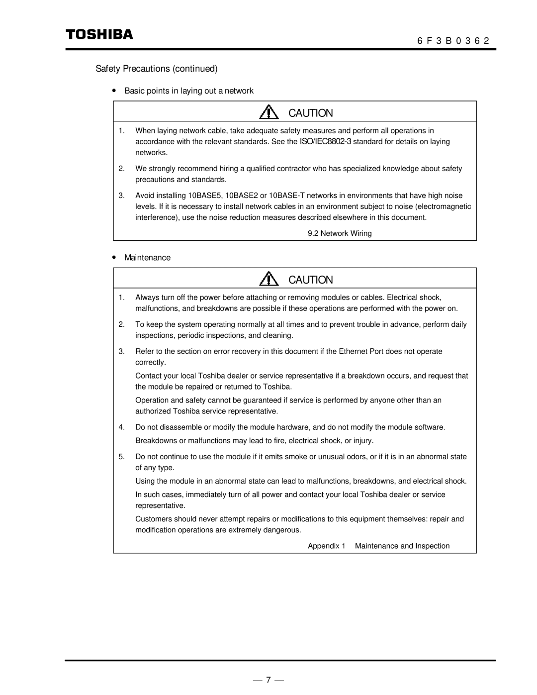 Toshiba T2N instruction manual ∙ Basic points in laying out a network, ∙ Maintenance 