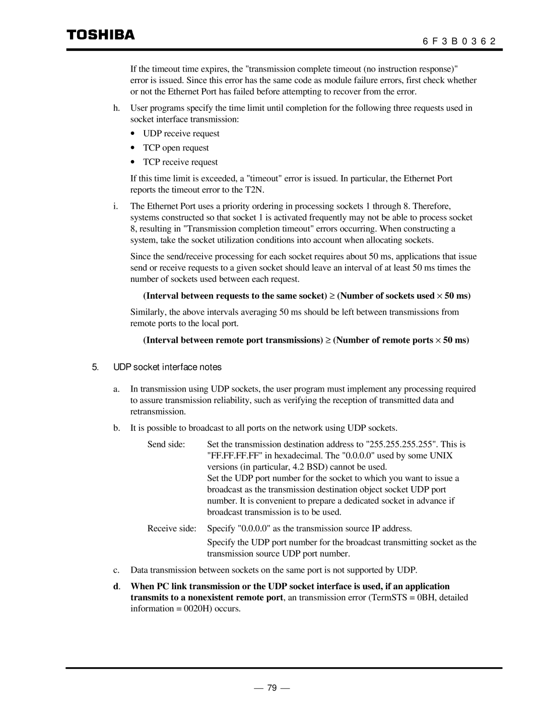 Toshiba T2N instruction manual UDP socket interface notes 