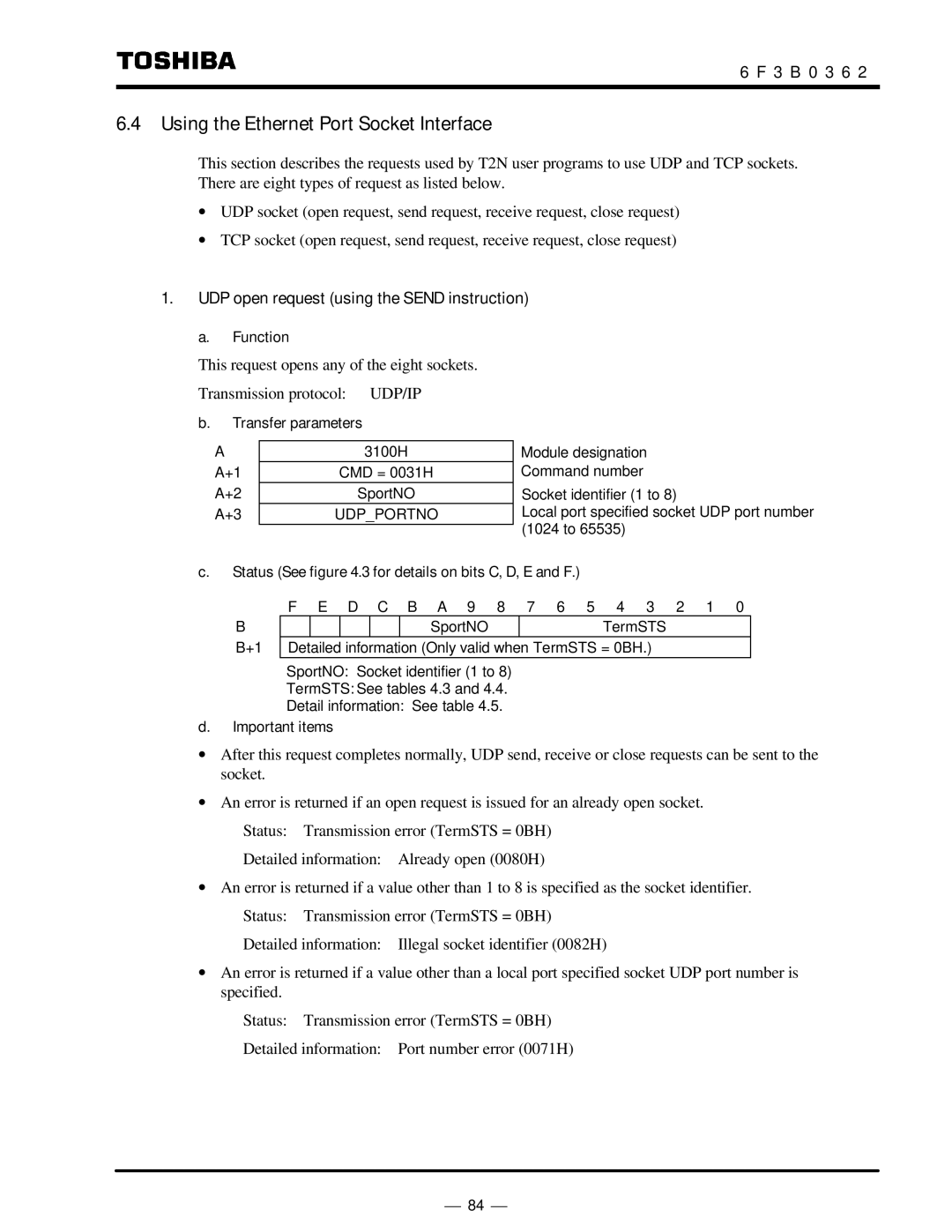 Toshiba T2N instruction manual Using the Ethernet Port Socket Interface, UDP open request using the Send instruction 