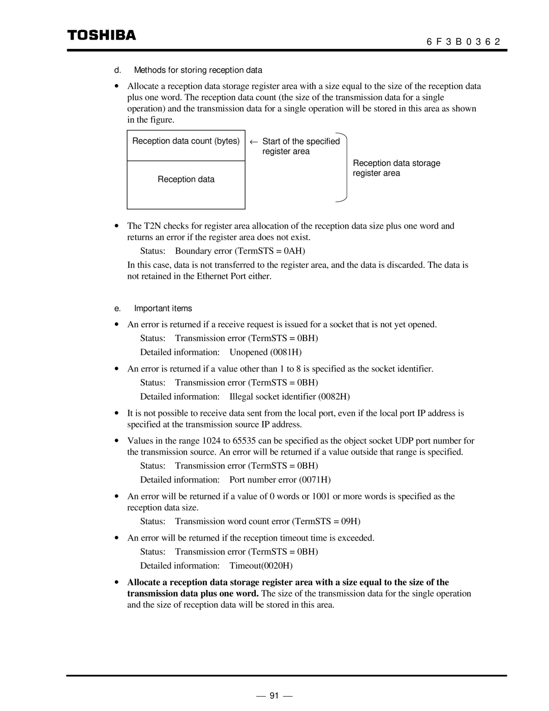 Toshiba T2N instruction manual Methods for storing reception data, Important items 