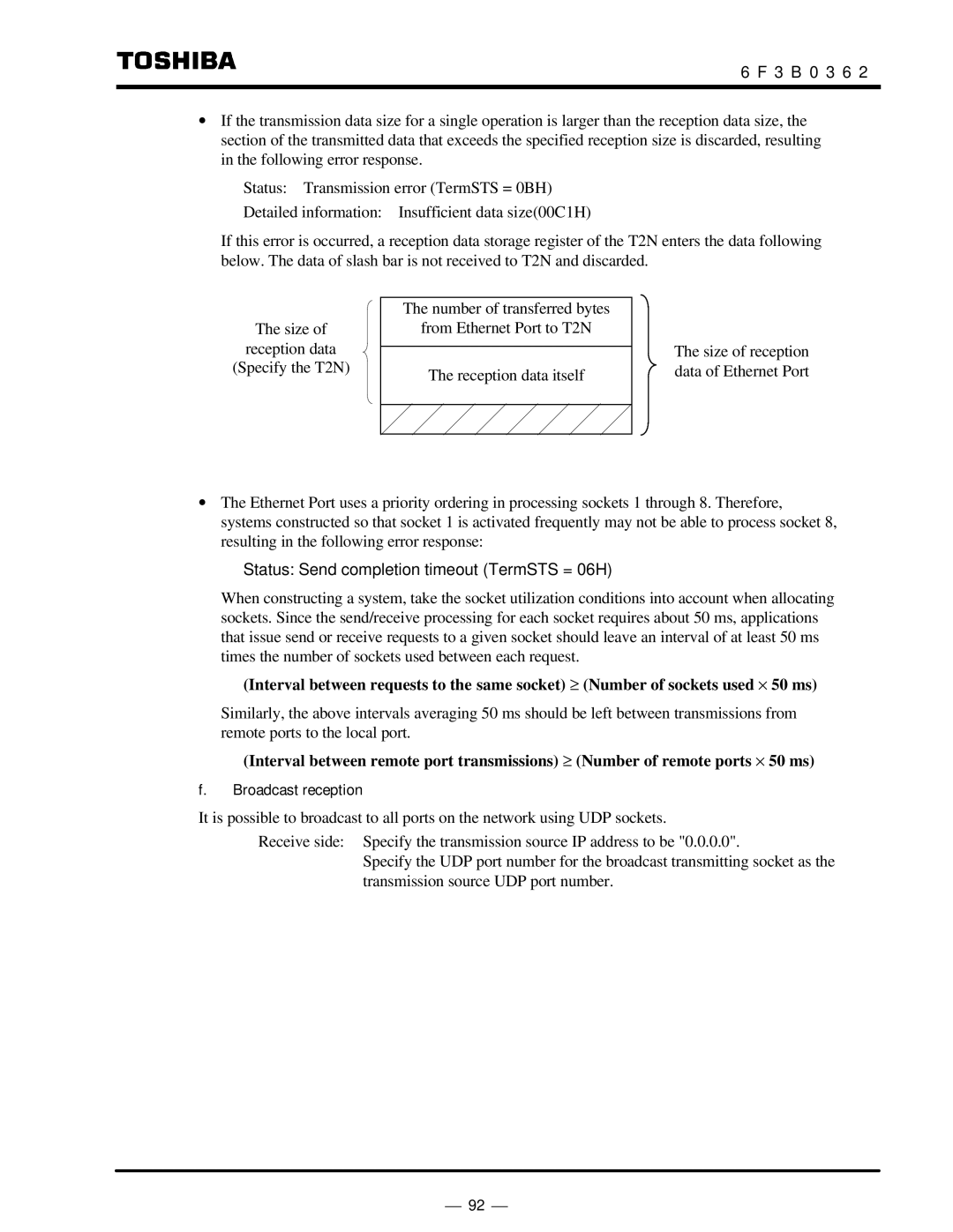 Toshiba T2N instruction manual Status Send completion timeout TermSTS = 06H, Broadcast reception 