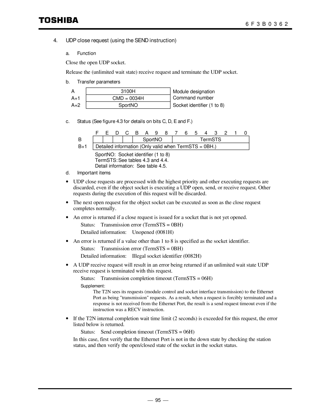 Toshiba T2N instruction manual 3 B 0 3 6 UDP close request using the Send instruction, Function 