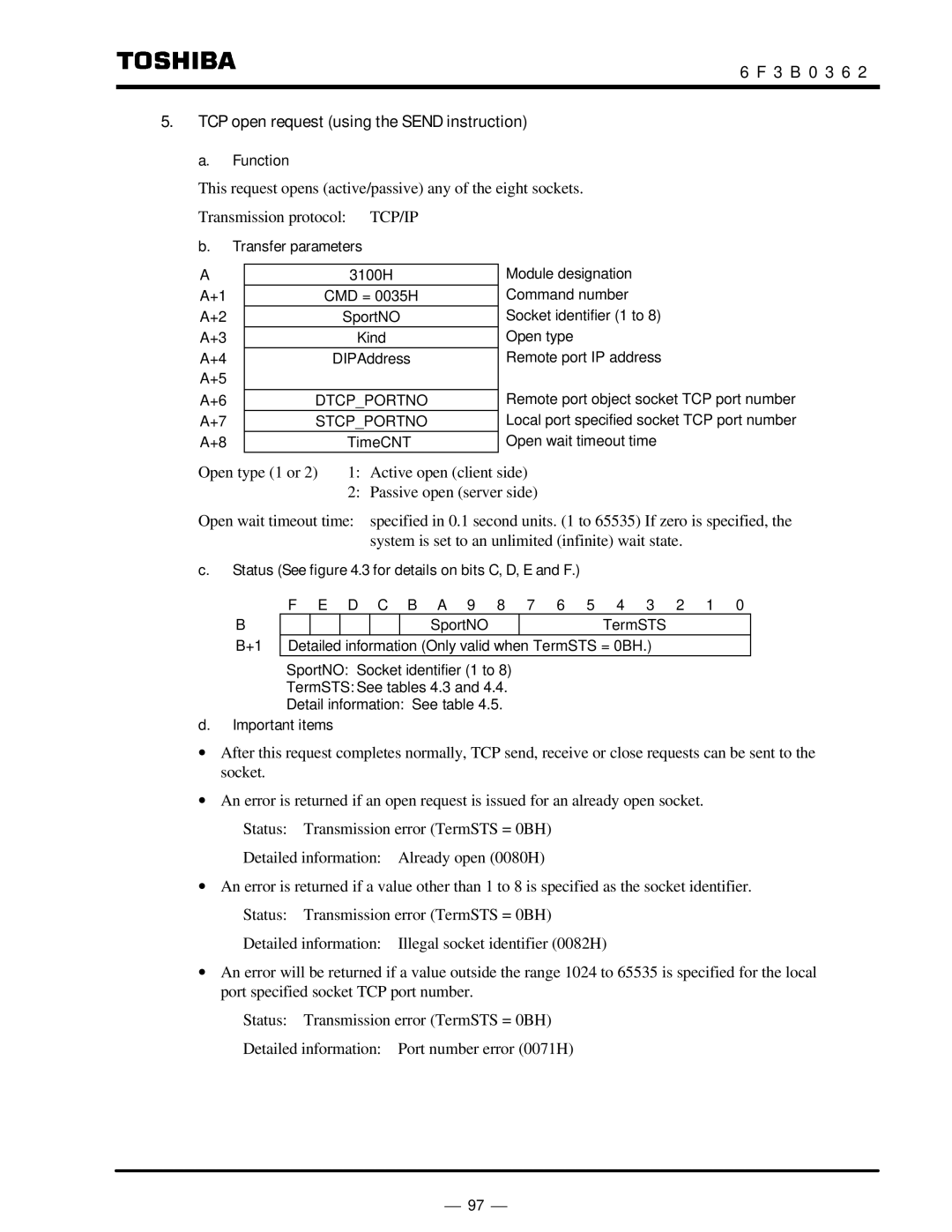 Toshiba T2N instruction manual 3 B 0 3 6 TCP open request using the Send instruction, Stcpportno 