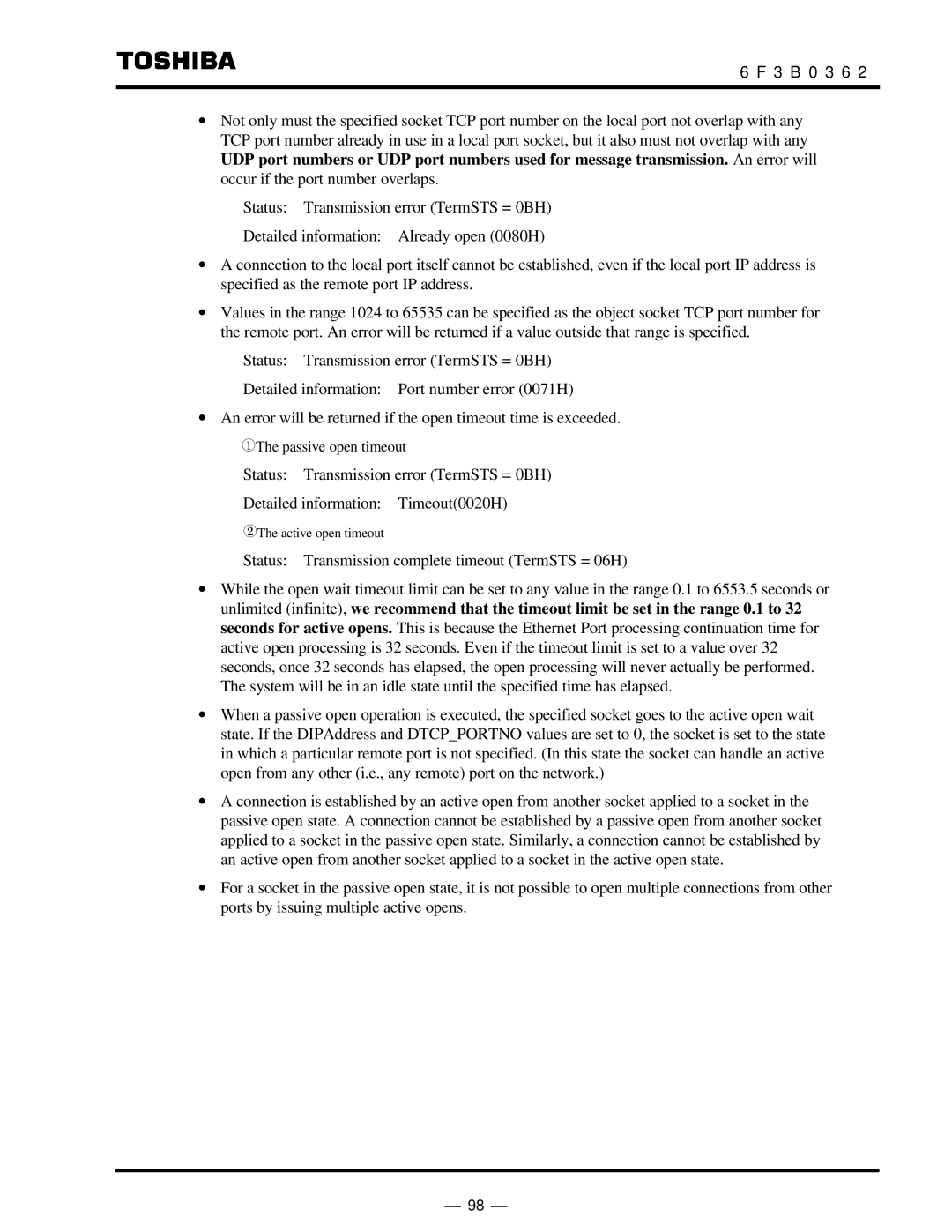 Toshiba T2N instruction manual ¬The passive open timeout 