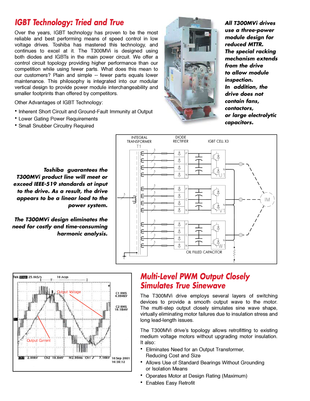 Toshiba T300MVi manual Igbt Technology Tried and True, Multi-Level PWM Output Closely Simulates True Sinewave 