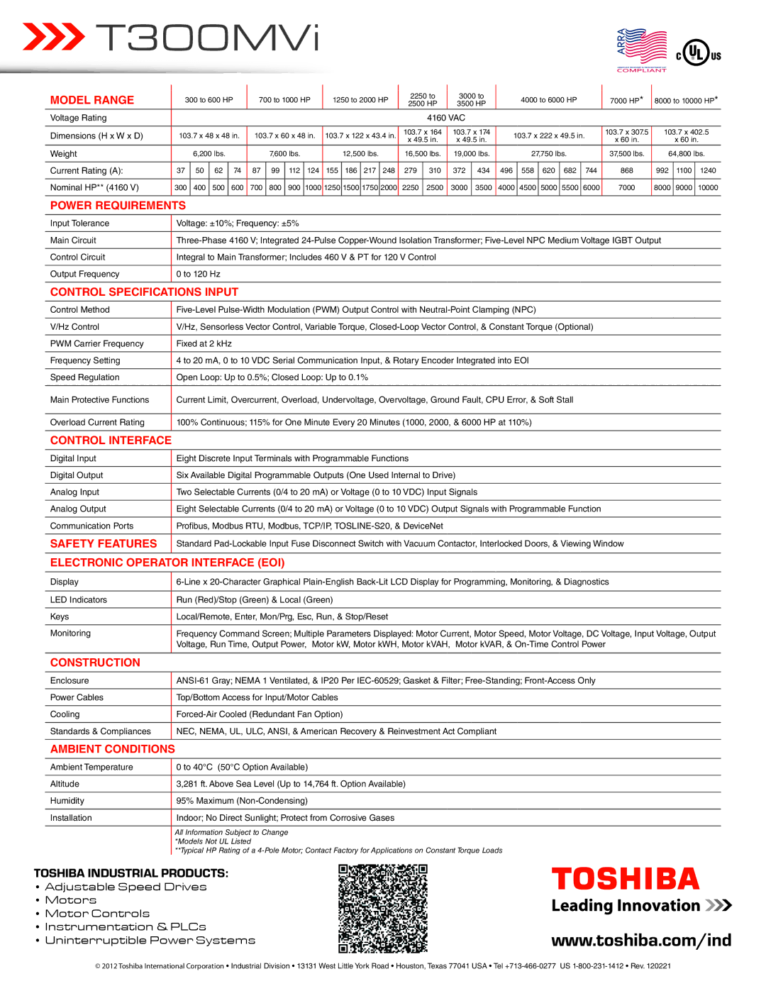 Toshiba T300MVi manual Toshiba Industrial Products, Model Range 