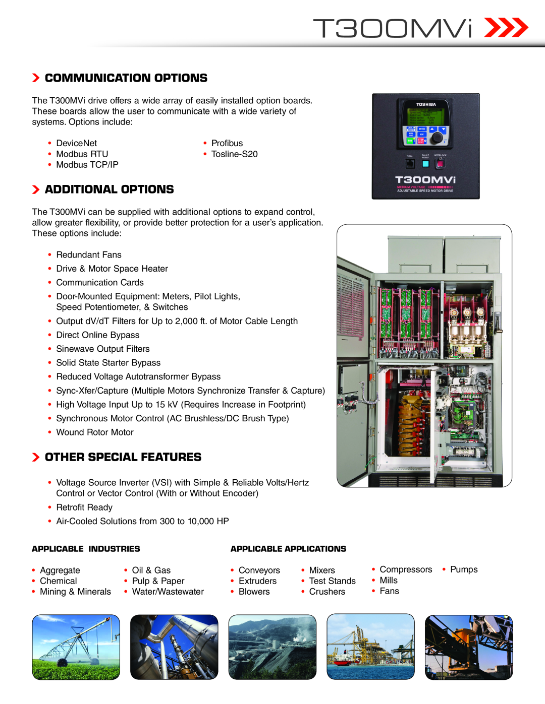 Toshiba T300MVi manual Communication Options, Additional Options, Other Special Features, DeviceNet, Profibus, Modbus RTU 