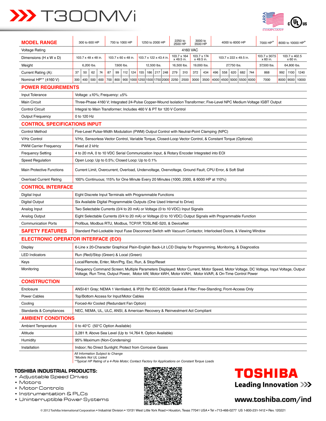 Toshiba T300MVi Model Range, Power Requirements, Control Specifications Input, Control Interface, Safety Features, Motors 