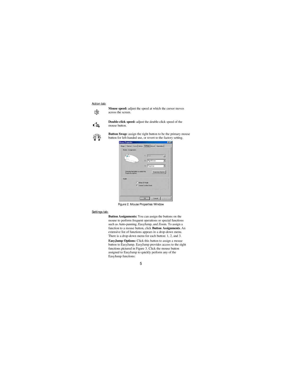 Toshiba T400 manual Action tab, Settings tab 