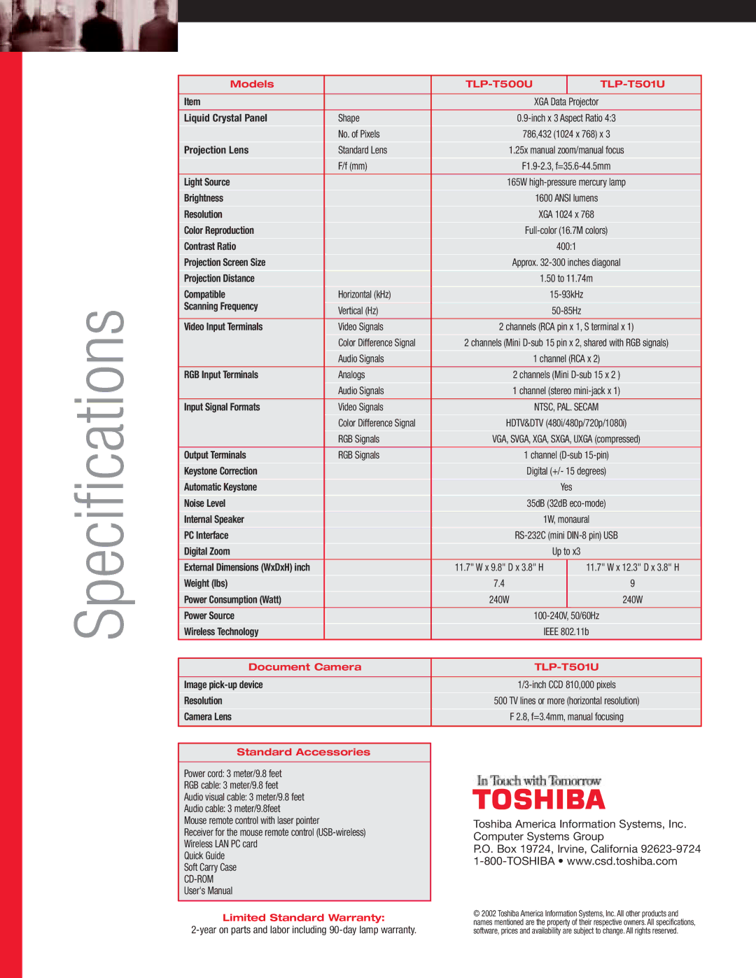 Toshiba T501U Series, TLP-T500USeries manual Specifications, TLP-T500U TLP-T501U 