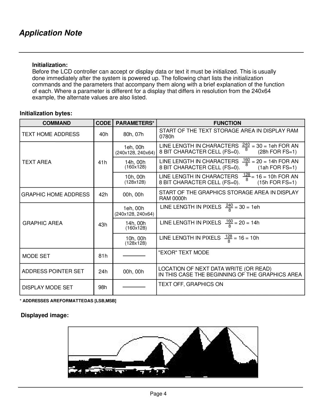 Toshiba T6963C manual Initialization bytes, Displayed image, Command Code Parameters Function 