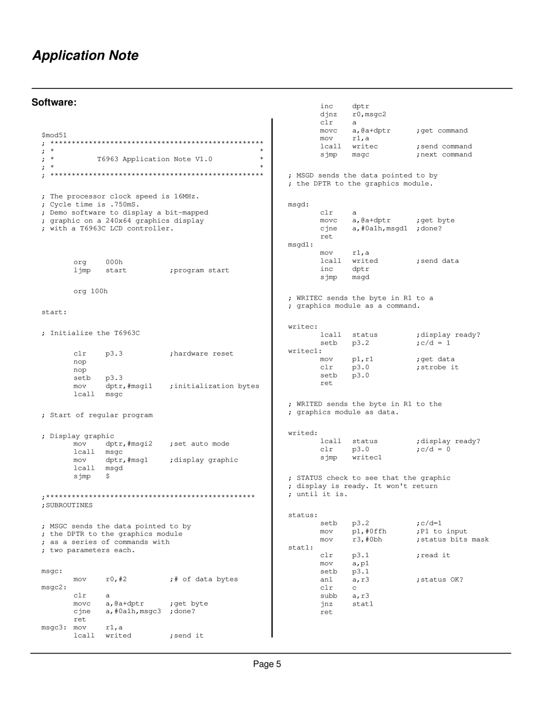 Toshiba T6963C manual Software, Subroutines 