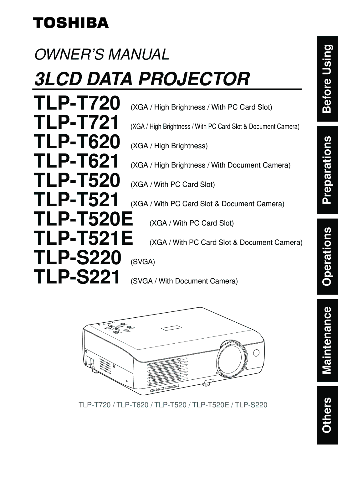 Toshiba T521E, S221 owner manual TLP-T720 TLP-T721 TLP-T620 TLP-T621 TLP-T520 TLP-T521 