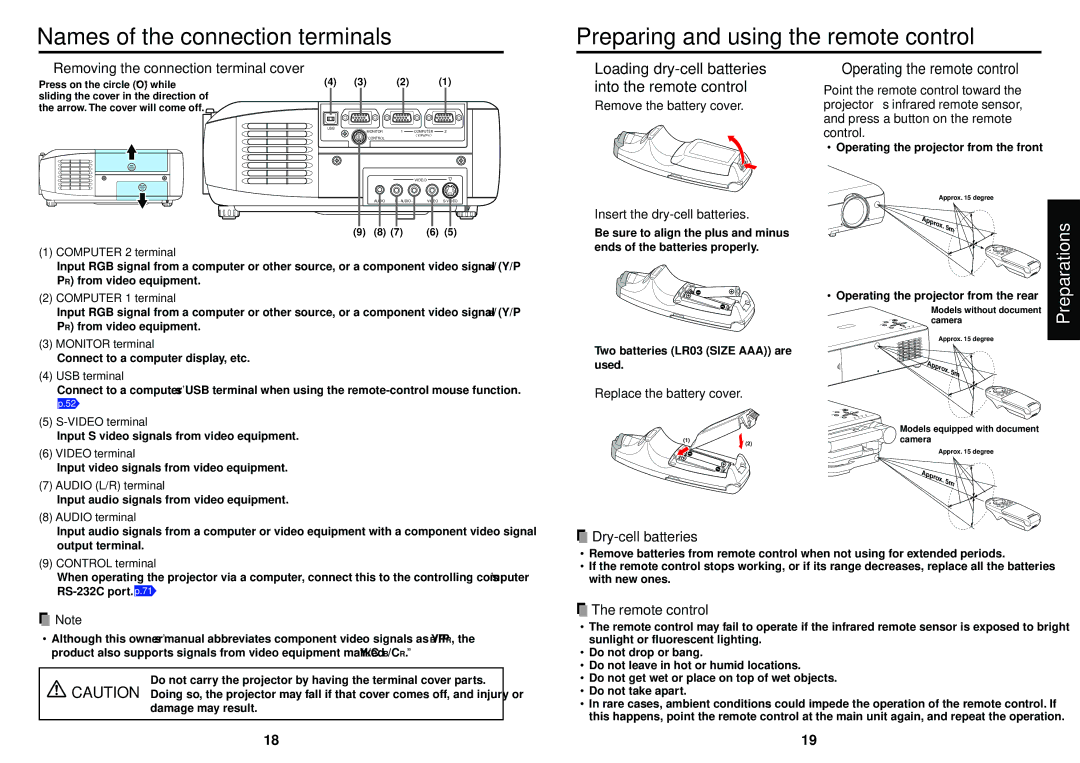 Toshiba T621 Loading dry-cell batteries into the remote control, Remove the battery cover, Insert the dry-cell batteries 