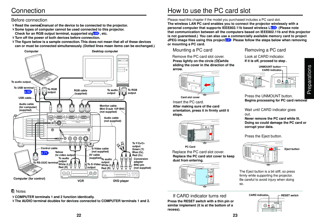 Toshiba S221, T721, T520, T620, T621, T521E owner manual Connection, How to use the PC card slot 