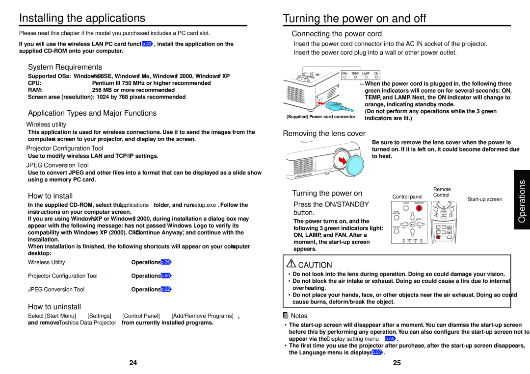 Toshiba T721, T520, T620, T621, T521E, S221 owner manual Installing the applications, Turning the power on and off 