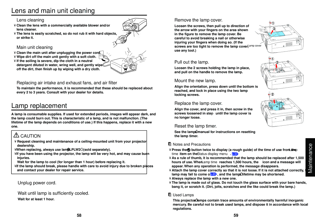 Toshiba T620, T721, T520, T621, T521E, S221 owner manual Lens and main unit cleaning, Lamp replacement 