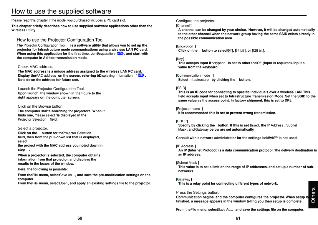 Toshiba T621, T721, T520, T620, T521E, S221 How to use the supplied software, How to use the Projector Configuration Tool 