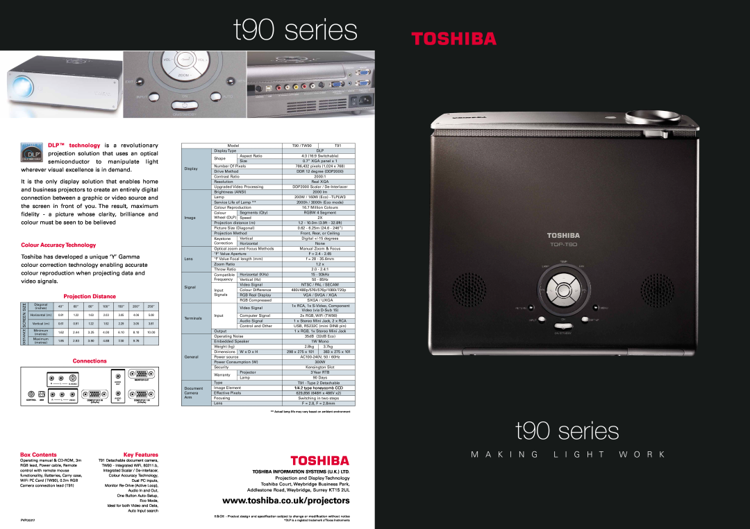 Toshiba dimensions t90 series, M A K I N G L I G H T W O R K, Colour Accuracy Technology, Projection Distance 