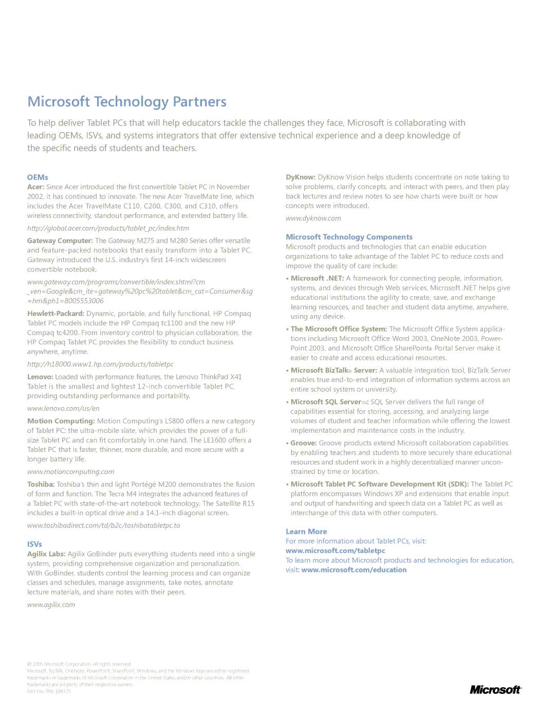 Toshiba tc1100, tc4200 manual OEMs, ISVs, Microsoft Technology Components, Learn More 