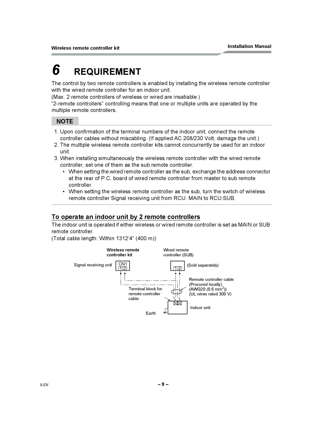 Toshiba TCB-AX21UL installation manual Requirement, To operate an indoor unit by 2 remote controllers 