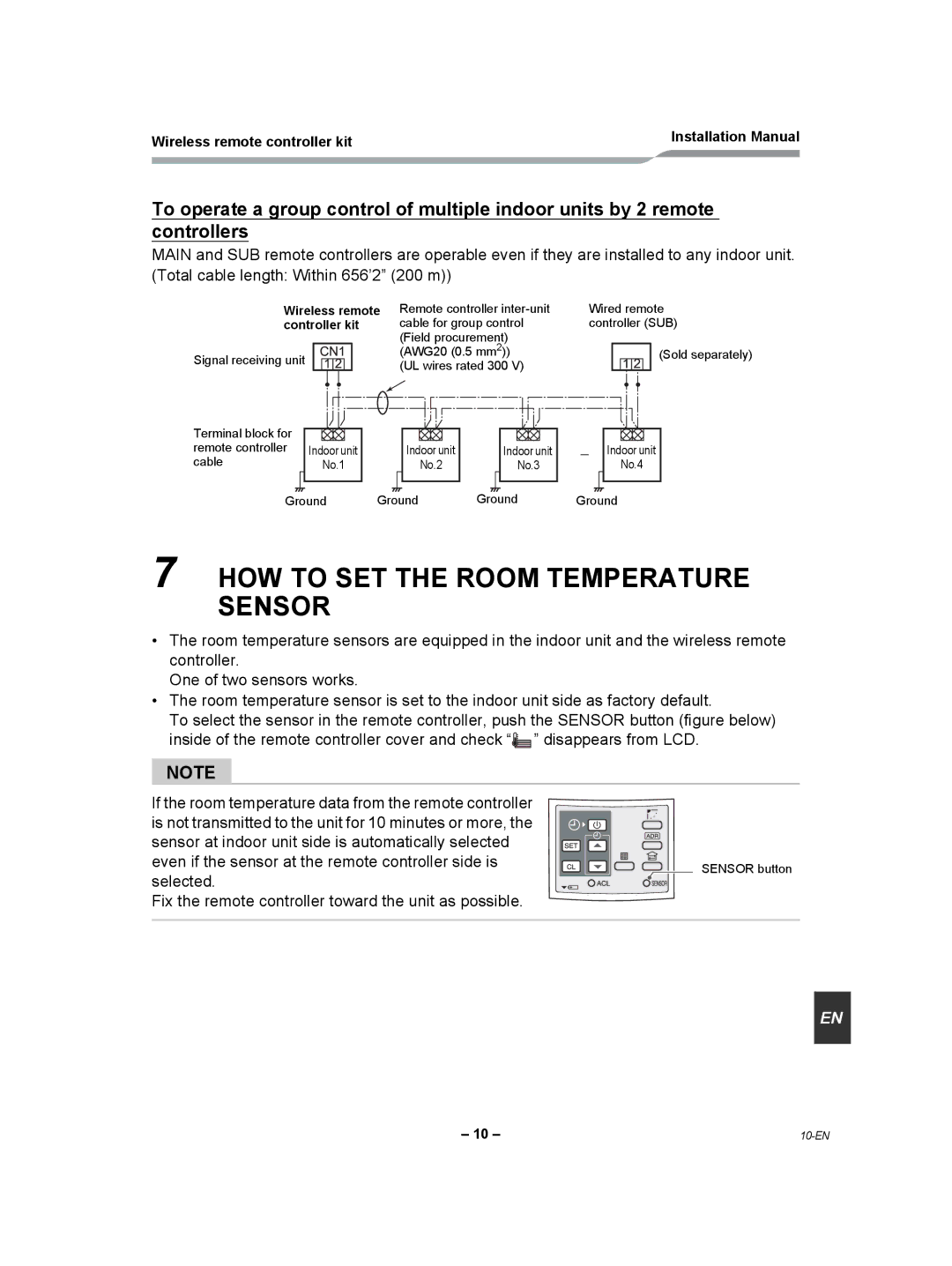 Toshiba TCB-AX21UL installation manual HOW to SET the Room Temperature Sensor, Wireless remote controller kit 