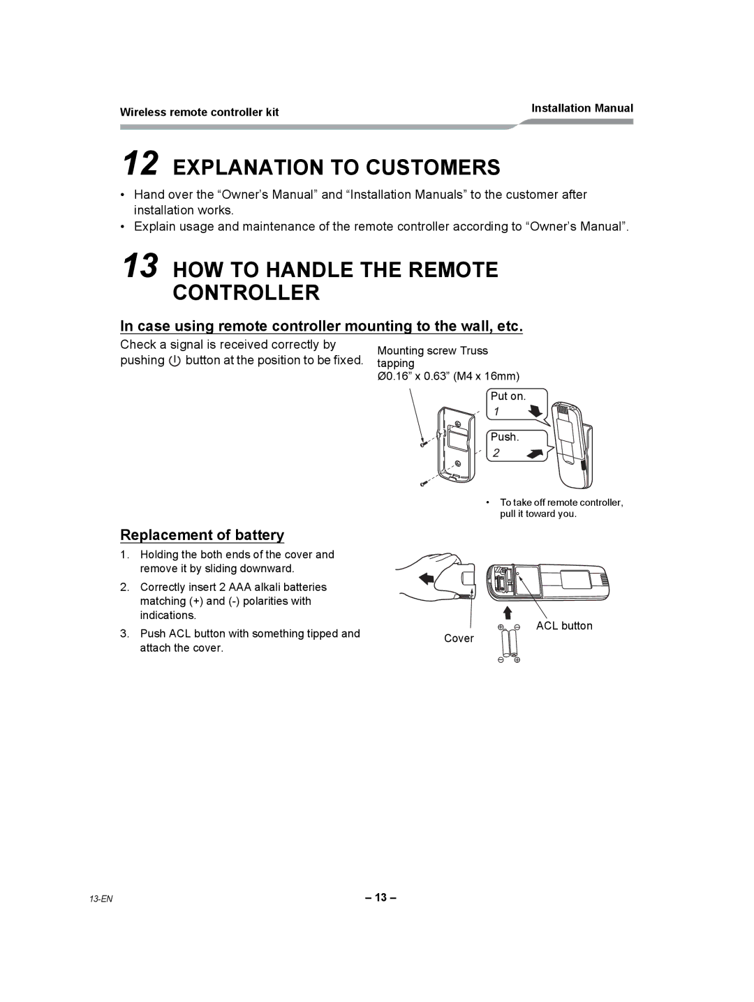 Toshiba TCB-AX21UL installation manual Case using remote controller mounting to the wall, etc, Replacement of battery 