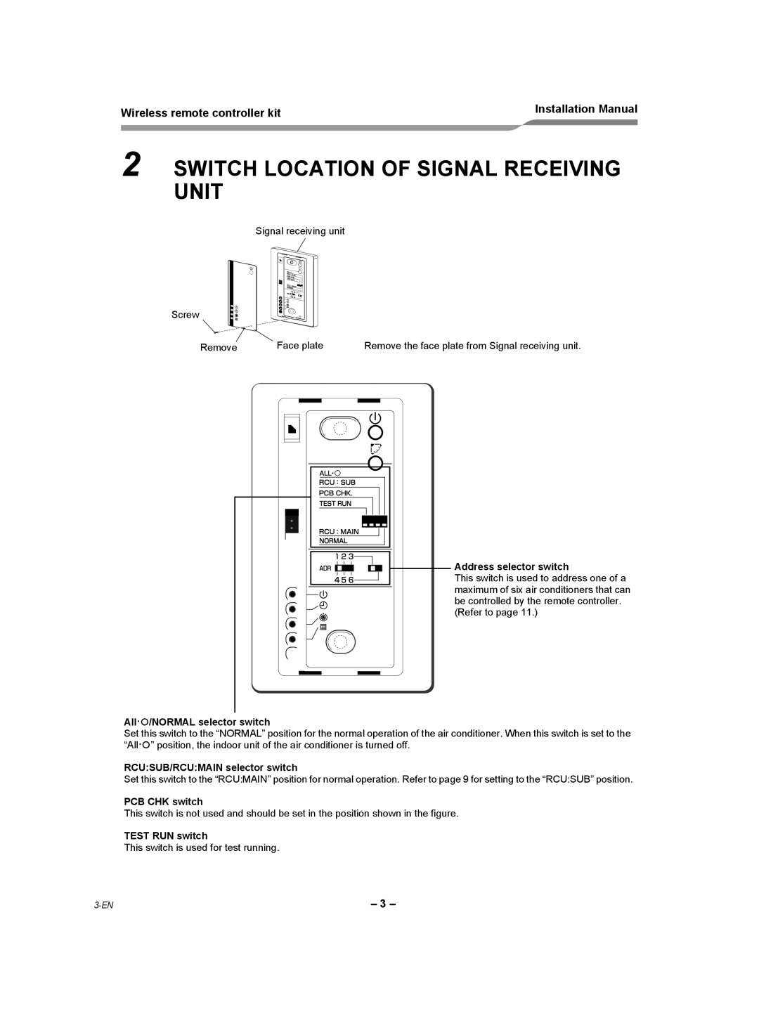 Toshiba TCB-AX21UL installation manual Switch Location of Signal Receiving Unit, Address selector switch 