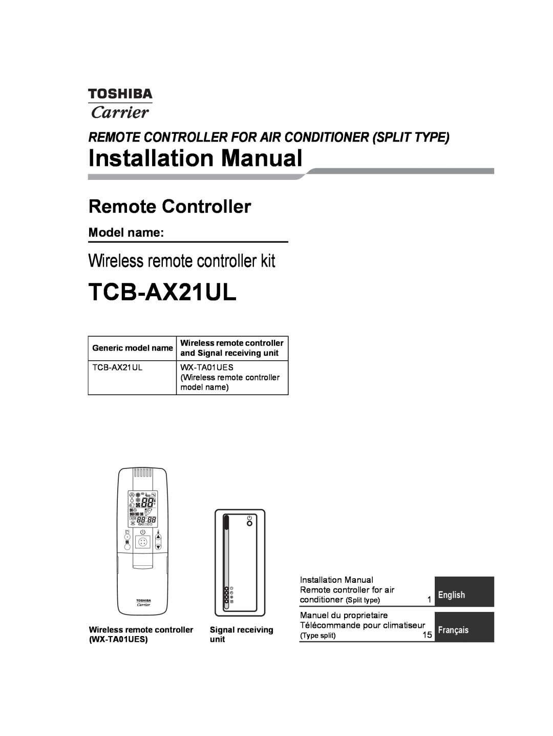 Toshiba TCB-AX21UL installation manual Model name, Installation Manual, Remote Controller, Wireless remote controller kit 