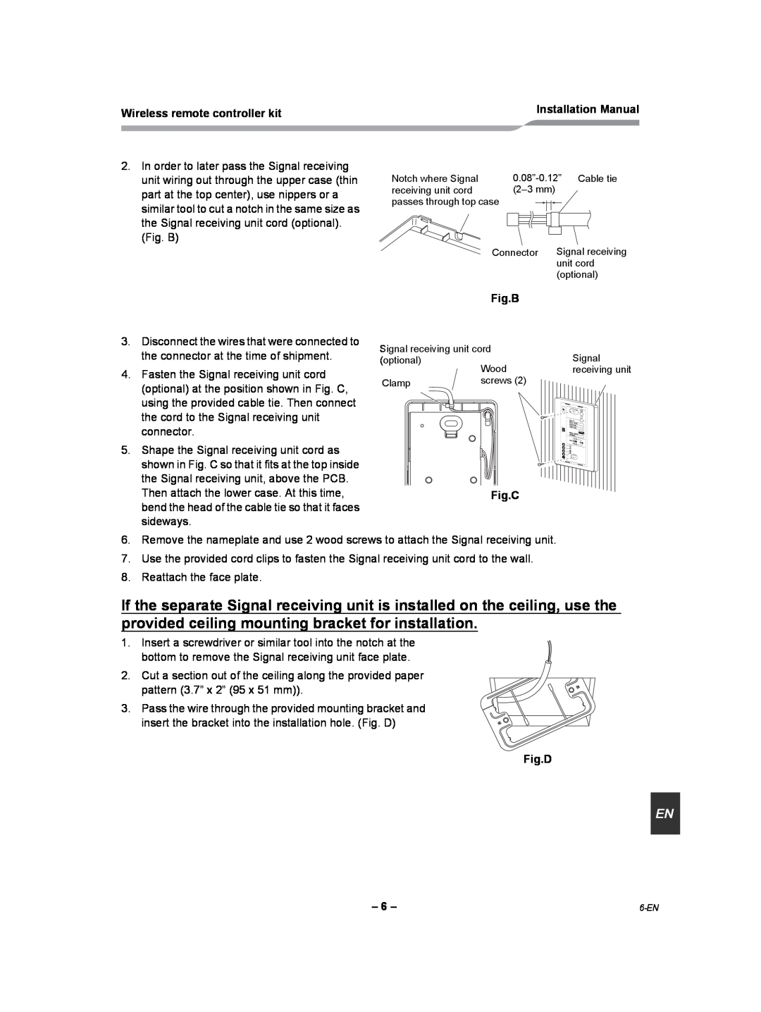 Toshiba TCB-AX21UL installation manual Wireless remote controller kit, Installation Manual, Fig.B, Fig.C, Fig.D 