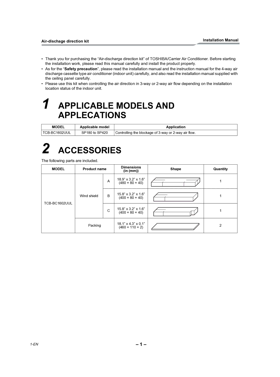 Toshiba TCB-BC1602UUL installation manual Applicable Models and Applecations, Accessories 