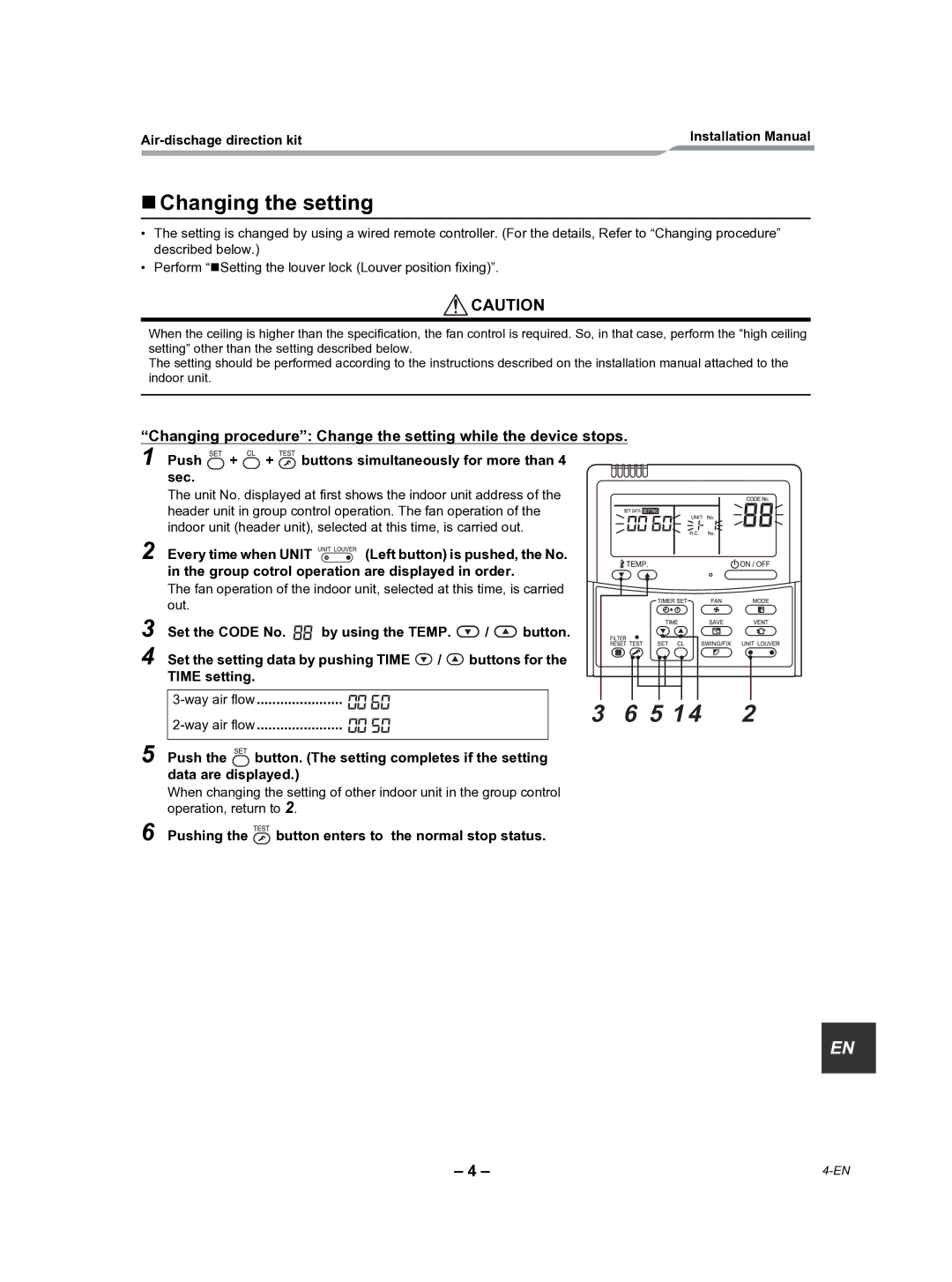 Toshiba TCB-BC1602UUL installation manual „ Changing the setting, Push + + buttons simultaneously for more than 4 sec 