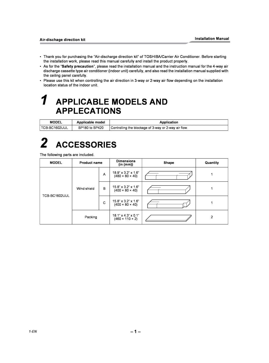 Toshiba TCB-BC1602UUL installation manual Applicable Models And Applecations, Accessories, Air-dischagedirection kit 