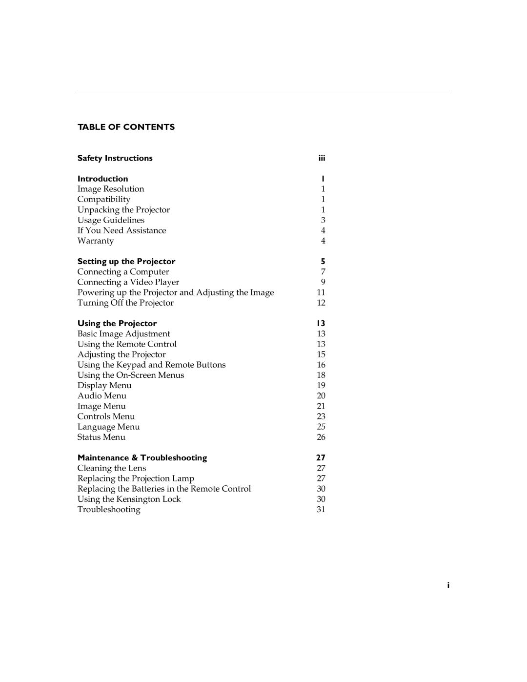 Toshiba TDP-B1 warranty Table of Contents 