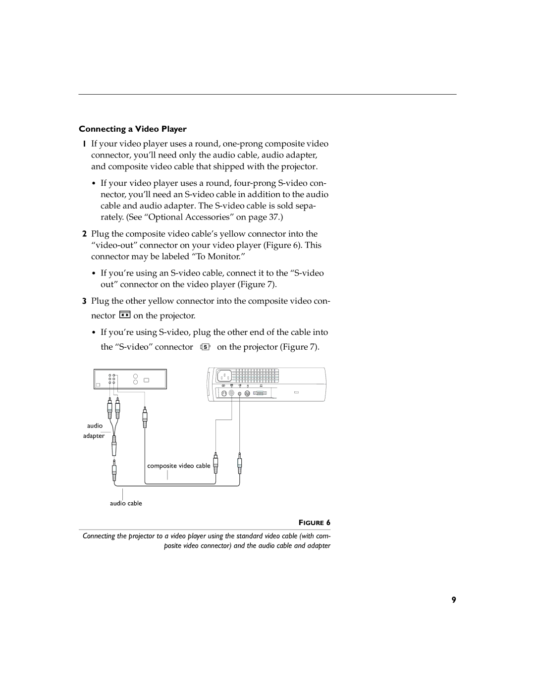 Toshiba TDP-B1 warranty Connecting a Video Player, Audio Adapter Composite video cable Audio cable 