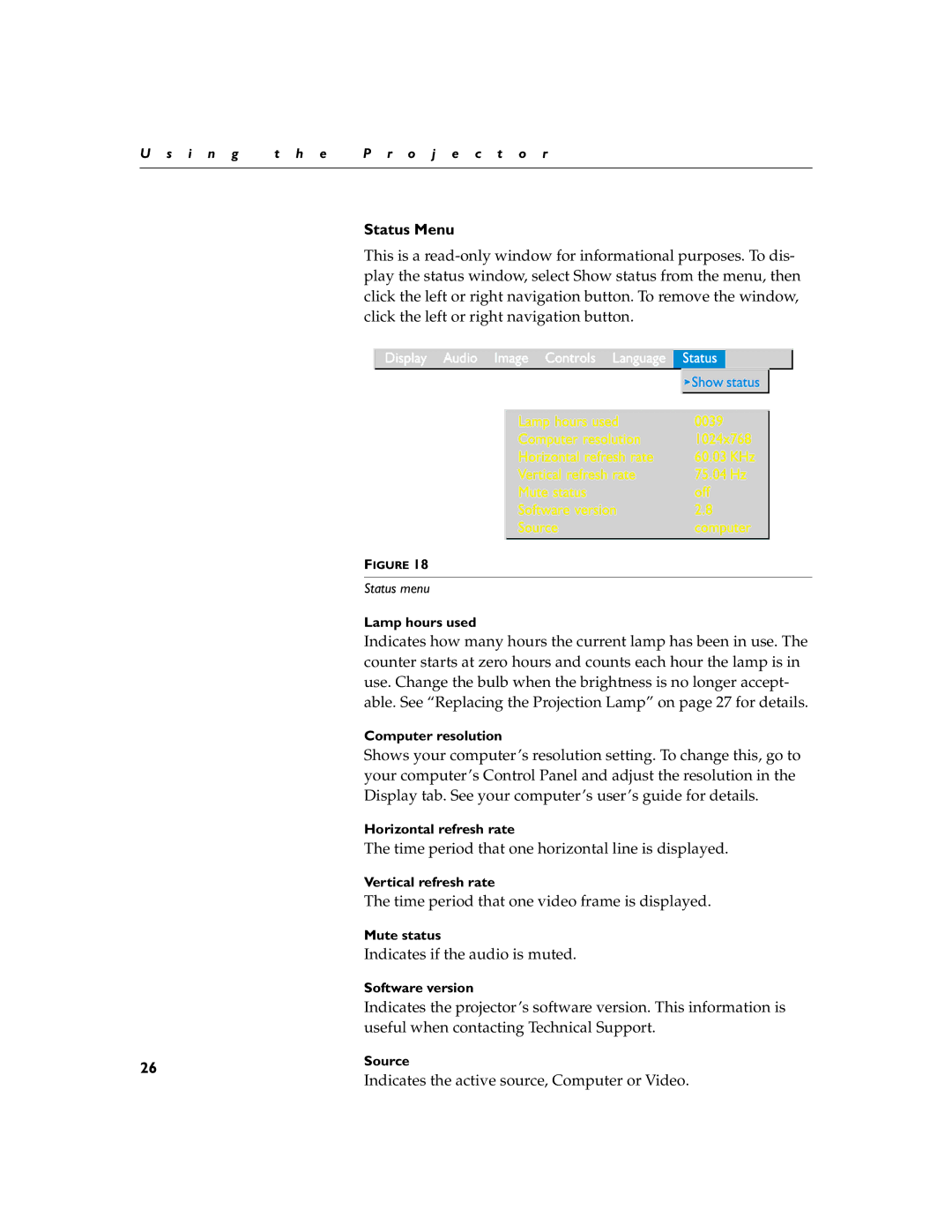 Toshiba TDP-B1 warranty Status Menu 