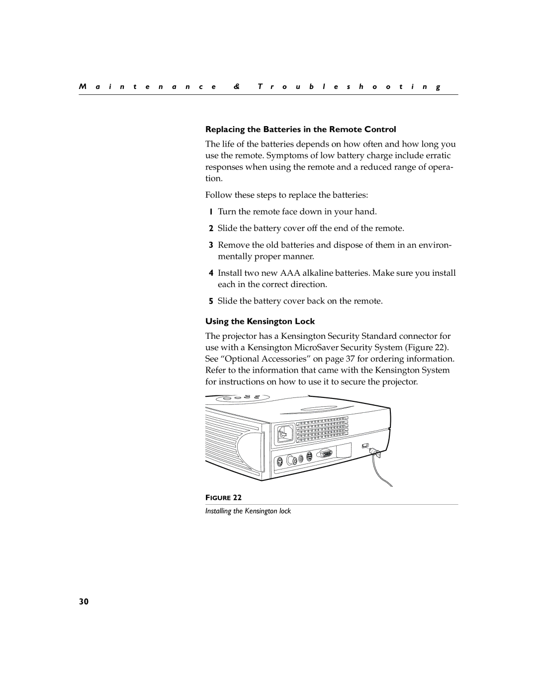 Toshiba TDP-B1 warranty Replacing the Batteries in the Remote Control, Using the Kensington Lock 