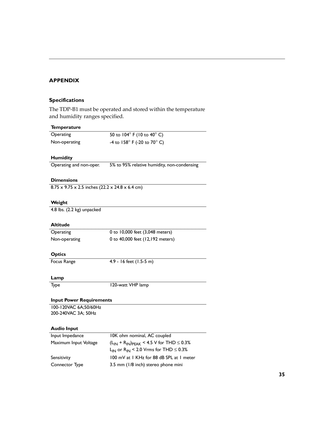 Toshiba TDP-B1 warranty Appendix, Specifications 