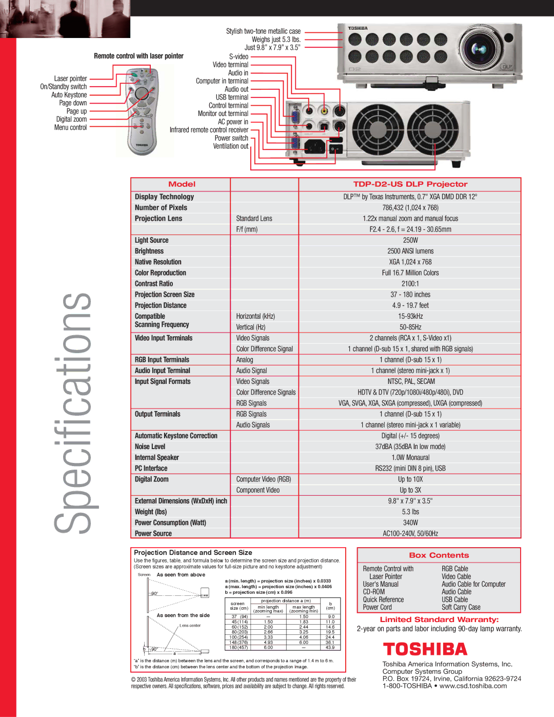 Toshiba user manual Specifications, Model TDP-D2-US DLP Projector, Box Contents, Limited Standard Warranty 