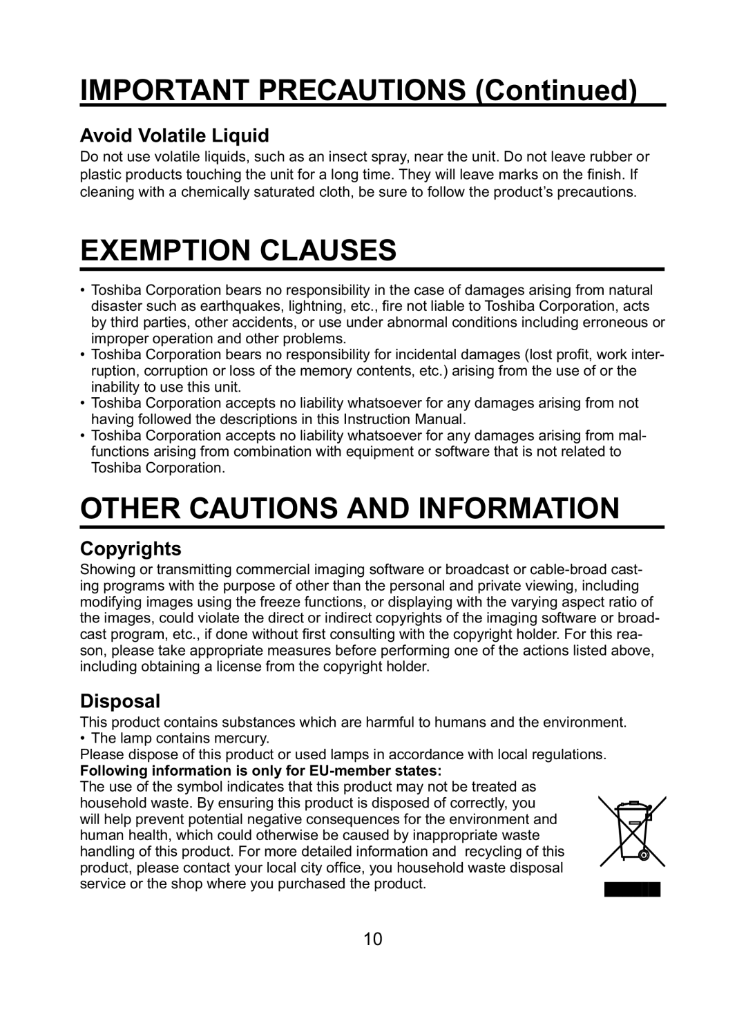 Toshiba TDP-ET10 owner manual Important Precautions, Avoid Volatile Liquid, Copyrights, Disposal 