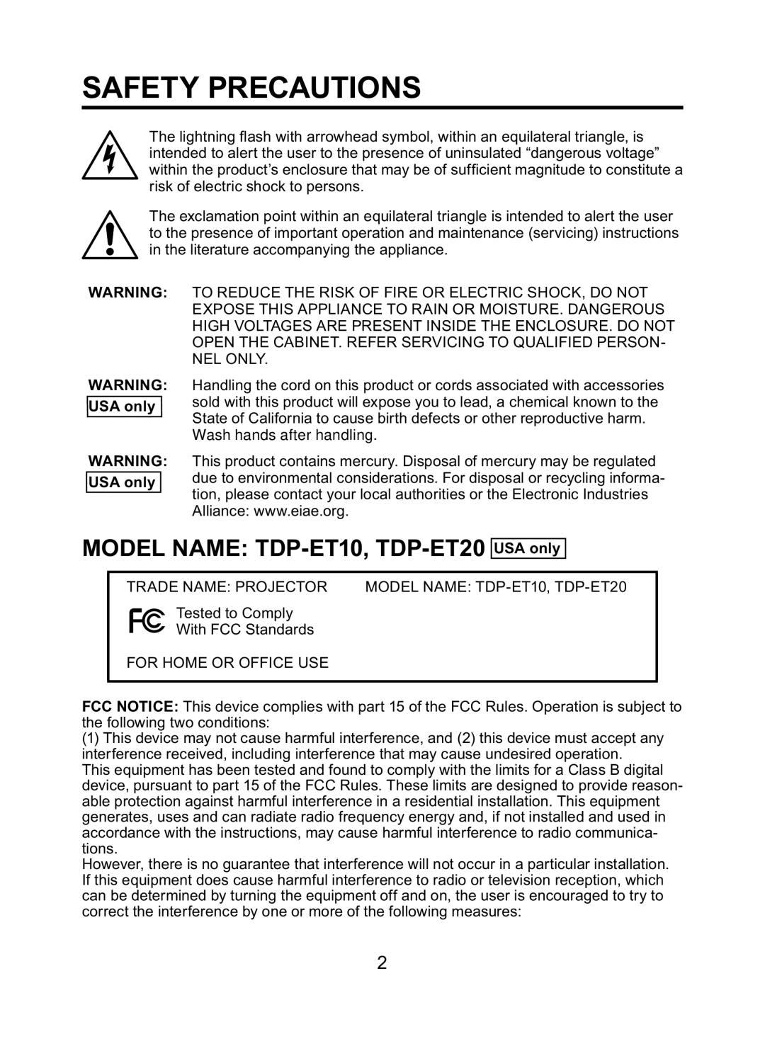 Toshiba TDP-ET10 owner manual Safety Precautions 