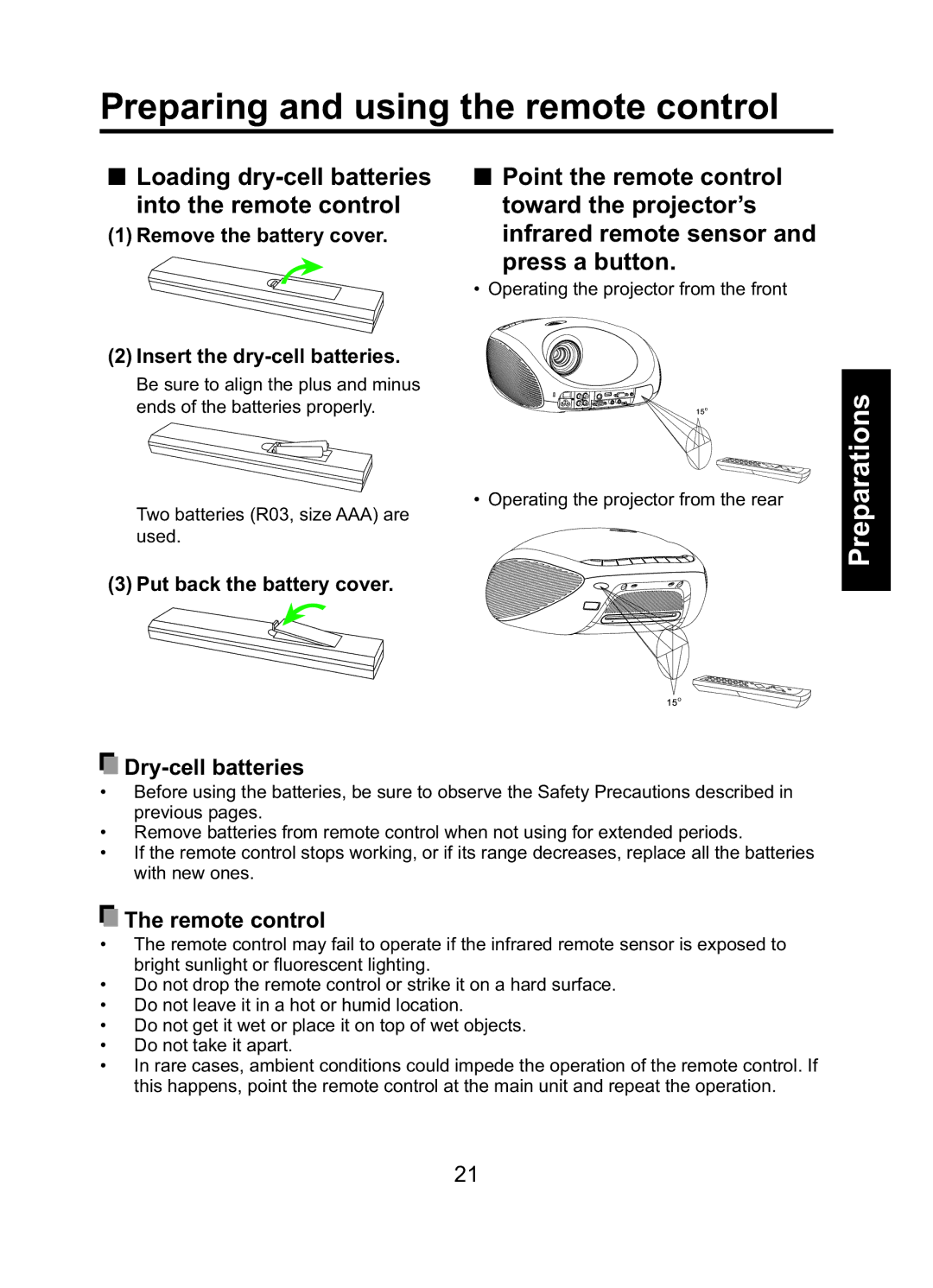 Toshiba TDP-ET10 owner manual Preparing and using the remote control, Loading dry-cell batteries into the remote control 