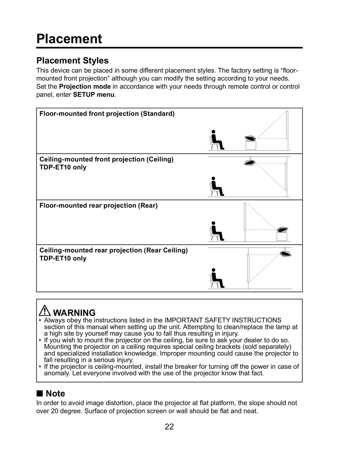 Toshiba TDP-ET10 owner manual Placement Styles 