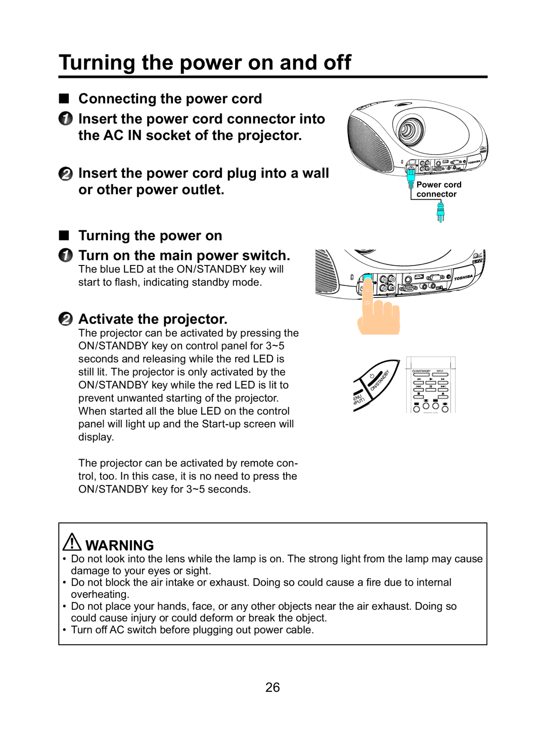 Toshiba TDP-ET10 owner manual Turning the power on and off, Activate the projector 