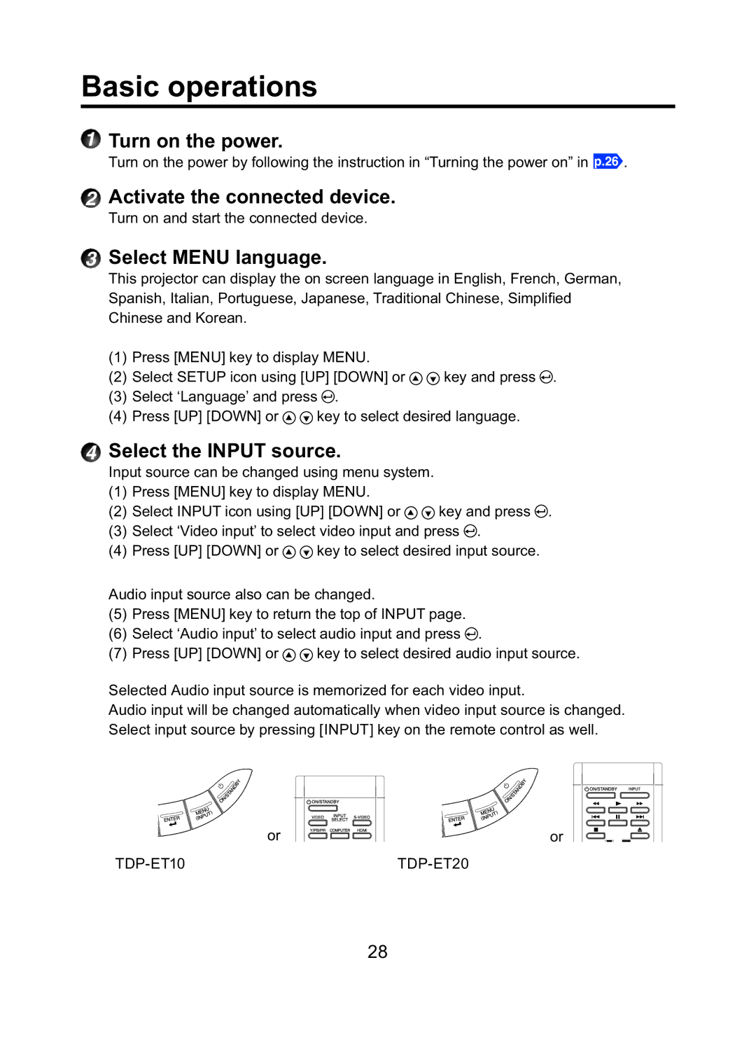 Toshiba TDP-ET10 owner manual Basic operations, Turn on the power, Activate the connected device, Select Menu language 