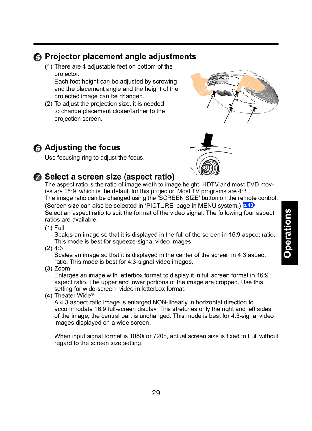 Toshiba TDP-ET10 owner manual Projector placement angle adjustments, Adjusting the focus, Select a screen size aspect ratio 