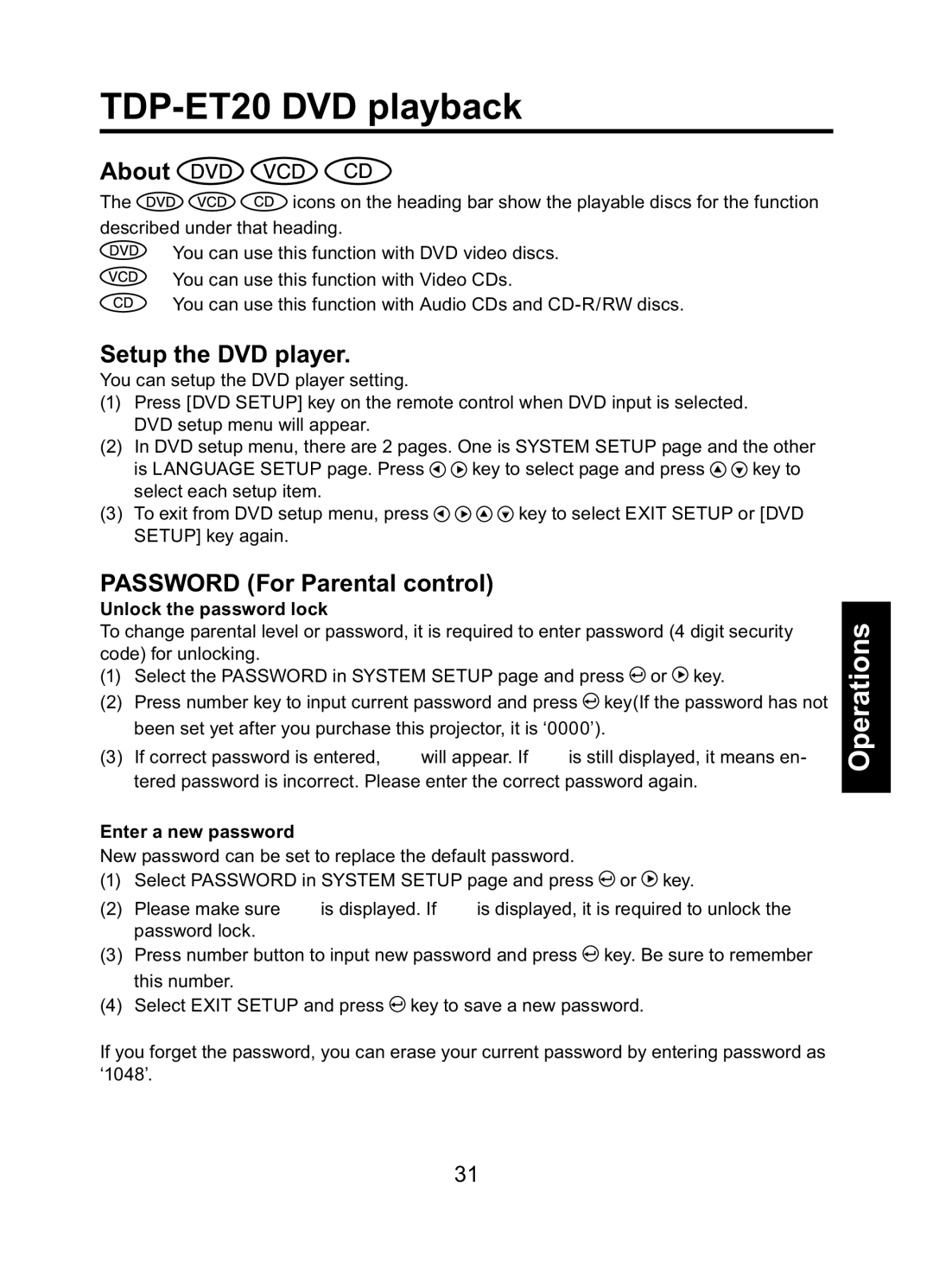 Toshiba TDP-ET10 owner manual TDP-ET20 DVD playback, About, Setup the DVD player, Password For Parental control 